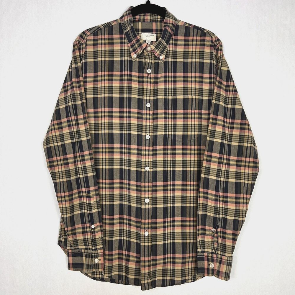 Club Monaco Slim Fit Shirt Mens Medium Navy Multi Plaid Buttons Up Long Sleeve